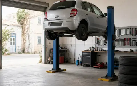 Illustrative AI-generated photo: car repair garage with a car raised on a lift, a tool wall and stacked tyres