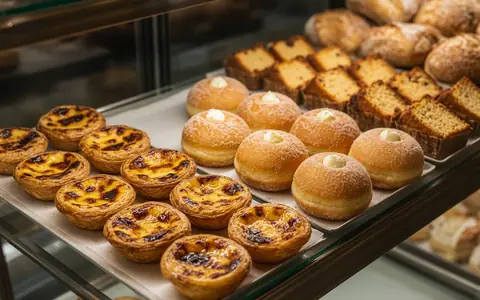 Illustrative AI-generated photo: pastry shop display case with custard tarts, doughnuts and slices of cake