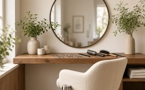Illustrative AI-generated photo: hair salon with an empty chair facing a round mirror, scissors and brushes on the counter