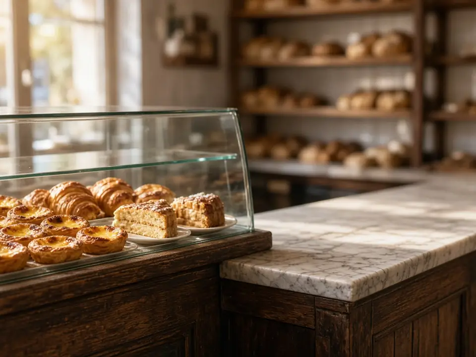 Illustrative AI-generated photo: marble counter in a pastry shop, with a display case of custard tarts and cakes and shelves of bread in the background