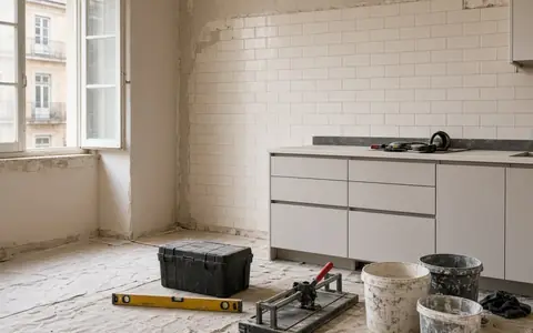 Illustrative AI-generated photo: kitchen being renovated, with new tiles, white cabinets, a toolbox, a spirit level and buckets on the floor